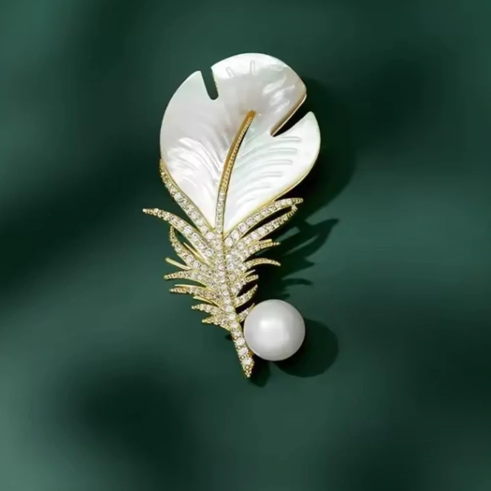 White Feather Pearl Crystal Leaf Brooch